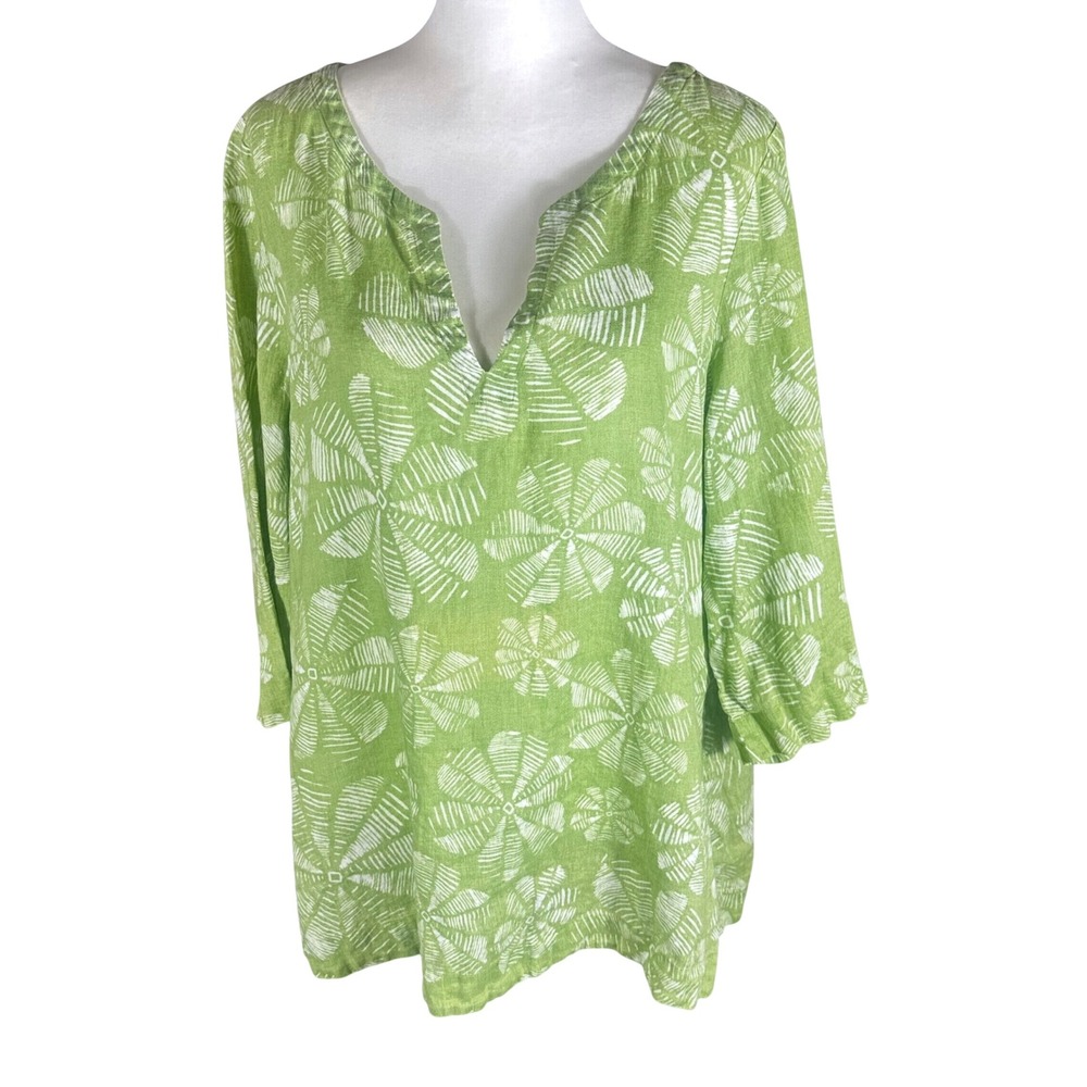 J. Jill Tunic Women XL Green 100% Linen Split Neck Floral Print 3/4 Sleeve